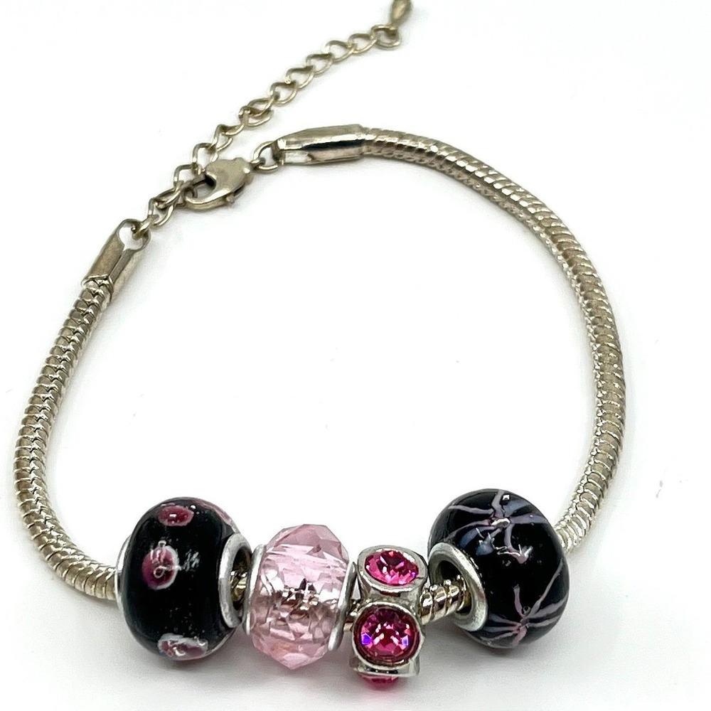 Vintage Y2K Pink & Black Murano Style Glass Bead Snake‎ Chain Charm Bracelet
